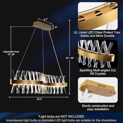 Gold Crystal Chandelier Modern LED Ceiling Pendant Light Fixture 40” Modern Linear Flush Mount Hanging Light for Dining Room Kitchen Island Bedroom, Brushed Finish Warm White 3000K UL Listed