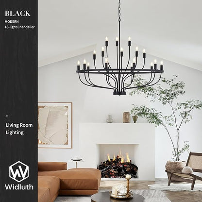39.4“ Industrial Black Chandelier Rustic Vintage 18-Lights Candle Style Chandeliers Light Fixture Large Retro Black Chandelier for Dining Room, Kitchen Island, Living Room, E12