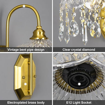 2-Pack Vintage Wall Sconce,Glass Crystal Wall Sconce,Matte Brushed Antique Brass Finish Set of Two for Bedroom Bathroom Hallway Living Room Decor