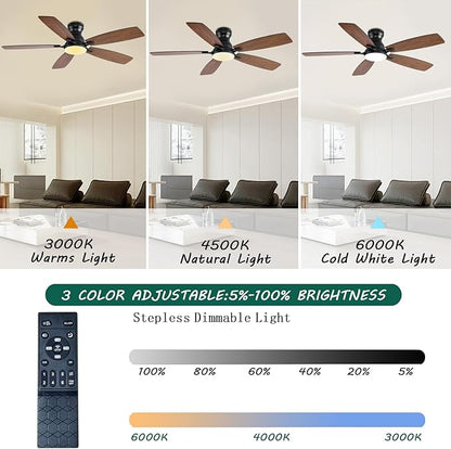 NKPU Ceiling Fans with Lights, Low Profile Ceiling Fan with Light and Remote/APP Control, DC Motor, Noiseless, Flush Mount, 52inch Brown Ceiling Fan for Bedroom Indoor/Outdoor Use