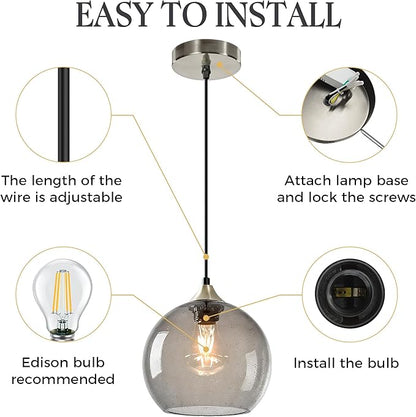 7.1in Medium Light Gray Glass Pendant Light for Kitchen Island, 2-Pack with Extra LED Bulbs & 4.92ft Adjustable Cord | Modern Minimalist Lighting for Dining Room, Living Room, Entryway