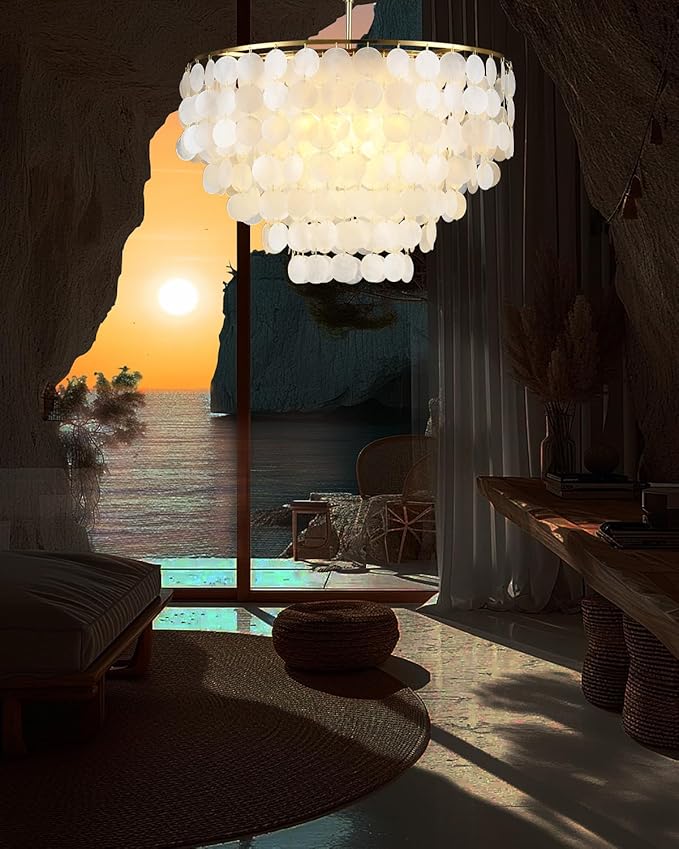 5 Tier Shell Capiz Chandelier, H16'' x D24'' Natural Shell Hanging Ceiling Light Fixtures Seashell Coastal Chandeliers for Living Room(More Additional Shell Parts Included) Gold