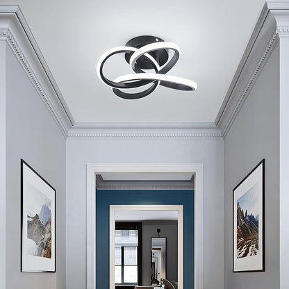 CANEOE Modern Led Ceiling Light Fixture, 6000K Small Hallway Ceiling Light, Black Close to Ceiling Lights for Hallway Bedroom Bathroom Entryway Balcony Stair Curved Design Ceiling Lamp