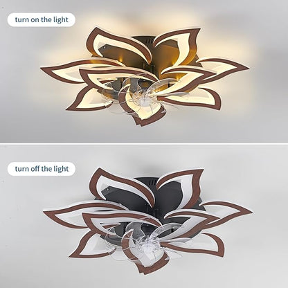 32inch Flower Modern Ceiling Fans with Lights, Low Profile Ceiling Fan with Remote for Bedroom, Flush Mount Ceiling Fan with LED Dimmable Light,6-Speeds, Timing CeilingFan Light-Walnutcolor