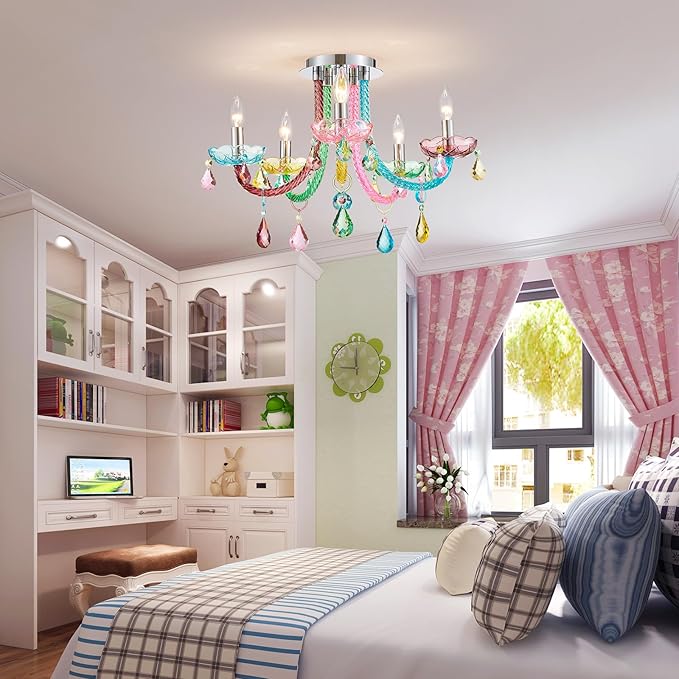 5-Light Children Candle Chandeliers, Modern Candy Design Flushmount Light Fixture for Bedroom, Dining Room, Kitchen, Bathroom, D22×H16 inch, Clear Rainbow Color Finish & K9 Crystal