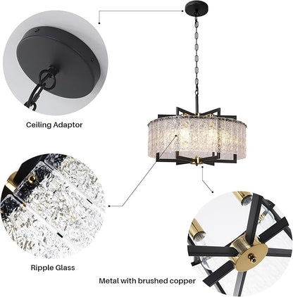 Modern Black Crystal Chandeliers for Dining Room, Elegant Chandelier Light Fixture for Kitchen Island, Water Ripple Glass, Drum Hanging Lights for Bar Table Entryway Foyer Hallway-24”