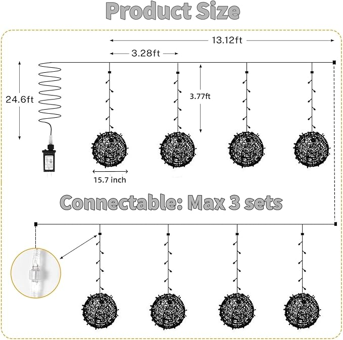 Outdoor Christmas Ball Lights 4 Pack Hanging 15.7" LED Garden Sphere Tree Lights 8 Modes Waterproof Glow Globe Light with Memory Timer Plug for Yard Porch Eave Patio Home Bedroom Decoration-Cool White