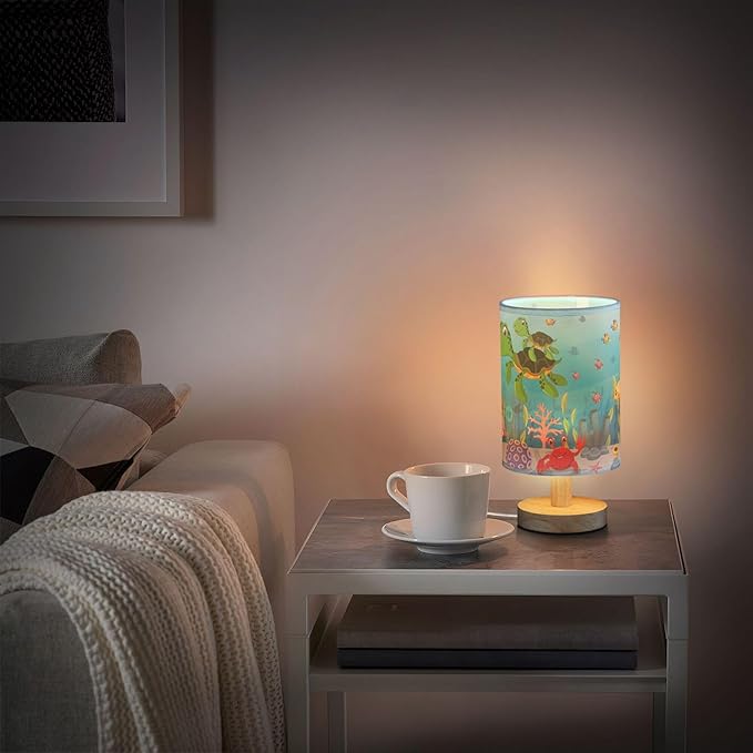 Table Lamp Colorful Underwater Sea Turtle Octopus Crab Fish Coral Aquatic Nightstand Lamp with Wood Base Fabric Lamp Shade Bedside Desk Lamp for Living Room Bedroom Kids Room Office
