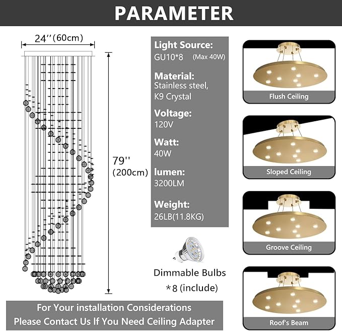 78'' Crystal Chandelier High Ceiling Chandeliers for Staircaes Large Raindrop Chandeliers LED Dimmable Flush Mount Light Fixtures for Foyer Hallway Entryway LED Bulbs Included Gold