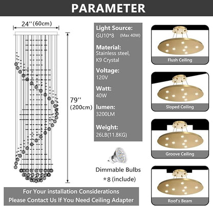 78'' Crystal Chandelier High Ceiling Chandeliers for Staircaes Large Raindrop Chandeliers LED Dimmable Flush Mount Light Fixtures for Foyer Hallway Entryway LED Bulbs Included Gold