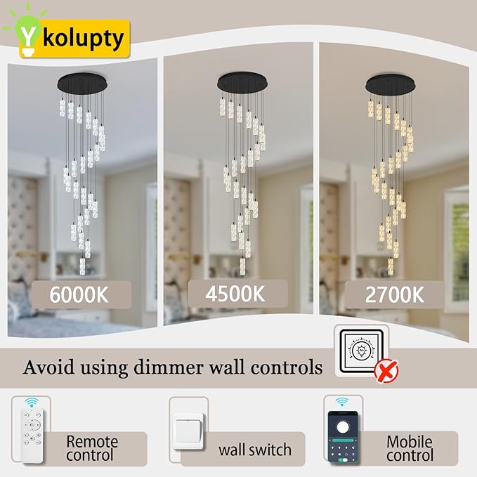 ykolupty Modern Crystal Chandelier 24-Lights Black Chandelier Lighting Fixture High Ceiling Chandelier Suitable for Living Room Staircase Villa