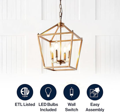 JONATHAN Y 12" Antique Gold Lantern Pendant Light, 4-Light Pagoda Style Metal Cage Farmhouse Hanging Ceiling Fixture for Kitchen Island, LED Bulb Included (JYL7436B)