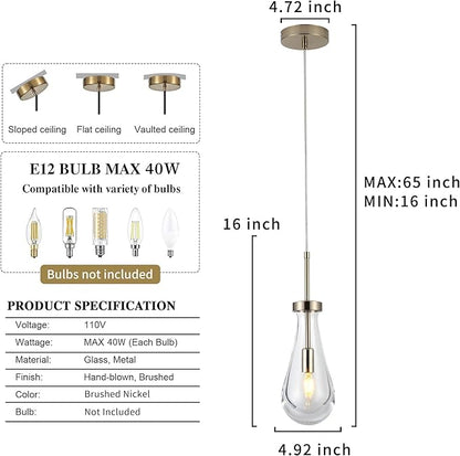 Brushed Nickel Pendant Light Fixtures, Teardrops Pendant Lights,Glass Pendant Lights Kitchen Island,1-Light Raindrop Pendant Lighting, for Kitchen Island,Dining Room,Bedroom, Bathroom