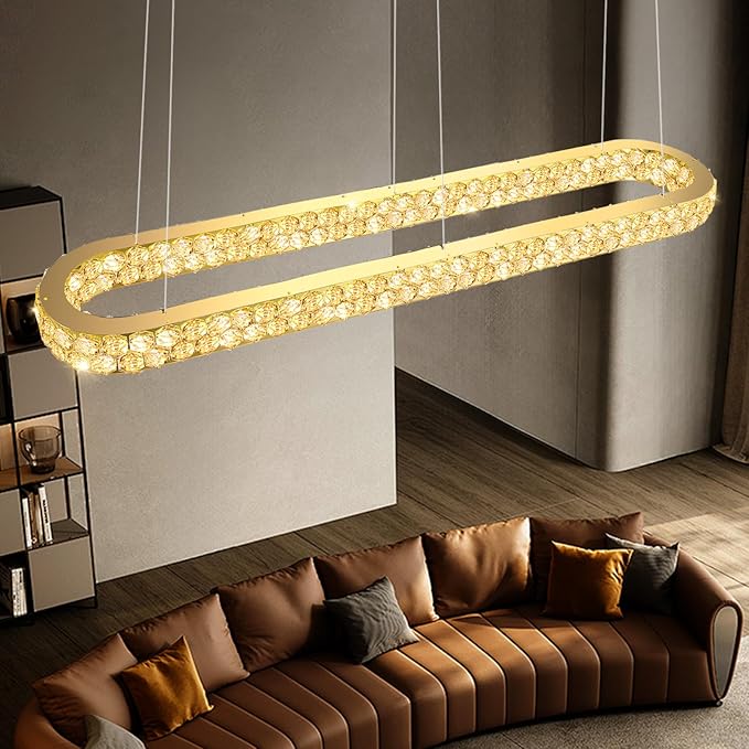 59'' Modern Oval Chandelier Crystal Chandeliers for Dining Room Round Ceiling Light Fixture for Living Room Lighting LED Dimmable with Remote Ring Lights Gold