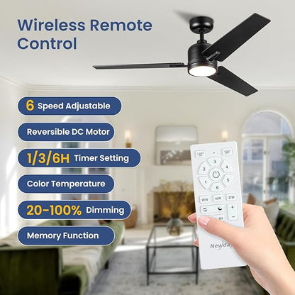 48 Inch Ceiling Fans with Lights Remote for Bedroom Living Room Kitchen Office, Indoor or Covered Outdoor, 3CCT Dimmable, Noiseless, 3 Blades, 6 Speed Reversible Quiet DC Motor, Black/Wood Grain