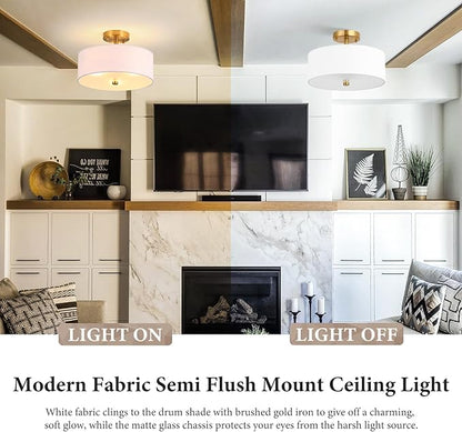 13" Semi Flush Mount Ceiling Light Fixture, 3-Light Gold Drum Light Fixture, Modern Close to Ceiling Light with White Fabric Shade Lamps for Bedroom Living Room Kitchen Hallway Entryway