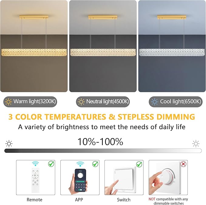 Rectangular Crystal Chandelier Glam Dimmable LED Crystal Chandeliers for Dining Room Linear Pendant Light with Remote Control for Kitchen Island Gold