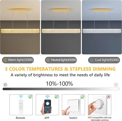 Rectangular Crystal Chandelier Glam Dimmable LED Crystal Chandeliers for Dining Room Linear Pendant Light with Remote Control for Kitchen Island Gold