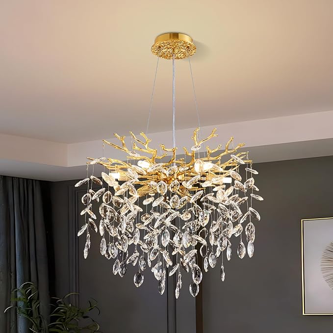 Modern Tree Branch Crystal Chandelier 18" Gold Luxury Large Pendant Lighting 6-Light Contemporary K9 Crystal Chandeliers for Dining Room Kitchen Living Room Foyer Entryway (Gold, D18-Round)