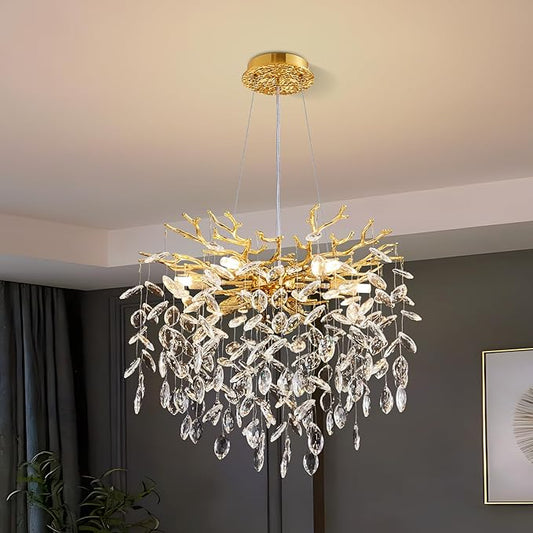 Modern Tree Branch Crystal Chandelier 18" Gold Luxury Large Pendant Lighting 6-Light Contemporary K9 Crystal Chandeliers for Dining Room Kitchen Living Room Foyer Entryway (Gold, D18-Round)