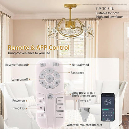 Ganeed 20.5“ Gold Crystal Fandelier Ceiling Fans with Lights, Crystal Diamond Flower Chandelier Ceiling Fan with Remote Control, Modern Caged Fandelier 6 Speeds for Girl's Bedroom, Living Room
