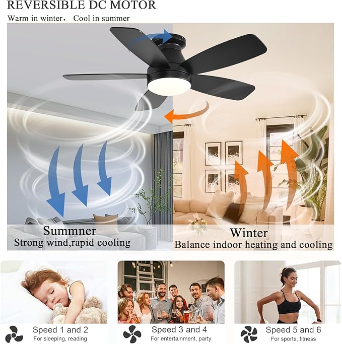 JSAITEE Ceiling Fans with Lights, 42 Inch Low Profile Ceiling Fan with Light and Remote/App Control, Flush Mount, Reversible, 3CCT, Dimmable, Noiseless, Black Ceiling Fan for Indoor/Outdoor Use