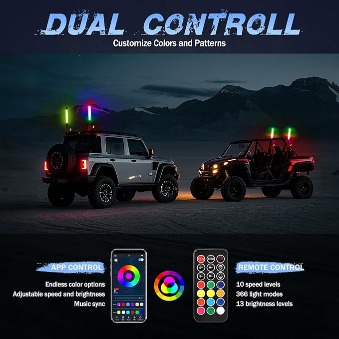 2 Pack 1FT COB LED Whip Lights, Fastchoy Auto UTV Whip Lights with App & Remote Control, Spiral RGB Chasing Lighted Whips for Side by Side UTV ATV RZR SXS Can-Am Polaris Offroad Truck