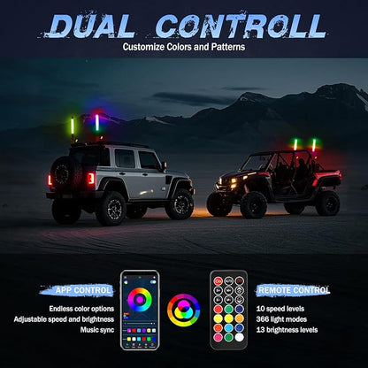 2 Pack 1FT COB LED Whip Lights, Fastchoy Auto UTV Whip Lights with App & Remote Control, Spiral RGB Chasing Lighted Whips for Side by Side UTV ATV RZR SXS Can-Am Polaris Offroad Truck