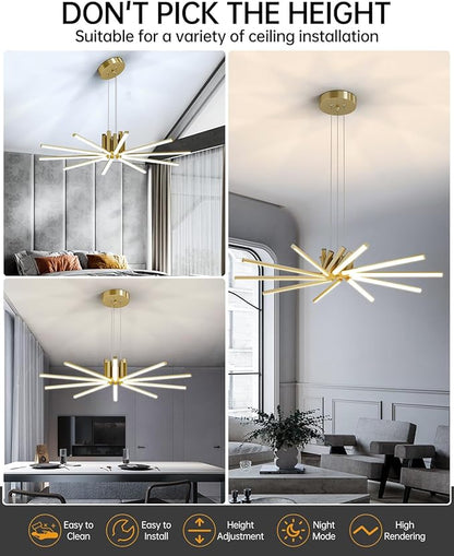 Modern Led Chandelier, Dimmable Sputnik Light Fixture with Remote Control, Modern Pendant Light for Dining Room Kitchen Living Room Entryway, 3000K-6500K (Copper)