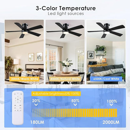 Hounberi 46 Inch Low Profile Ceiling Fan with Light, Modern Flush Mount Ceiling Fans for Low Ceilings, Quiet DC Motor Bedroom Fan, 3CCT Dimmable, Reversible Blades, High Airflow, Energy Saving, Black