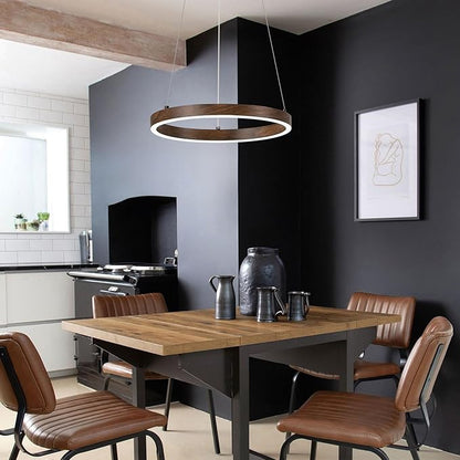 12in LED Ring Chandelier Wood Grain Modern Dimmable Pendant Light Height Adjustable Circular Hanging Ceiling Fixture for Kitchen Island Dining Table Entryway Sink