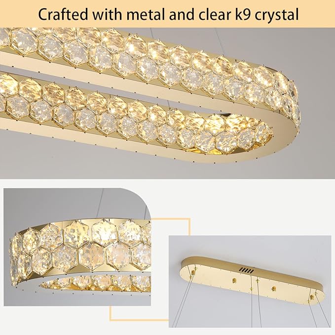 59'' Modern Oval Chandelier Crystal Chandeliers for Dining Room Round Ceiling Light Fixture for Living Room Lighting LED Dimmable with Remote Ring Lights Gold