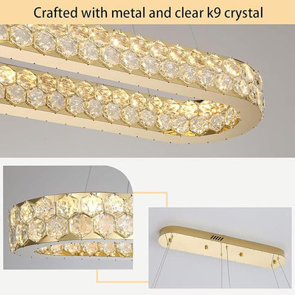 59'' Modern Oval Chandelier Crystal Chandeliers for Dining Room Round Ceiling Light Fixture for Living Room Lighting LED Dimmable with Remote Ring Lights Gold
