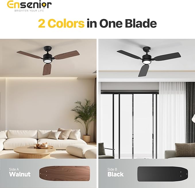Ensenior 52 Inch Ceiling Fan with Light and Remote, Modern Black Ceiling Fans with 3 Reversible Wood Blades, Quiet DC Motor, 6-Speed, Memory Function, Farmhouse Ceiling Fan for Bedroom Living Room