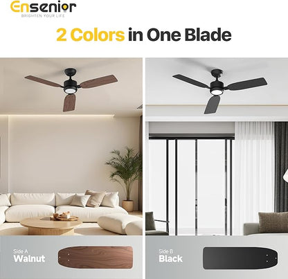 Ensenior 52 Inch Ceiling Fan with Light and Remote, Modern Black Ceiling Fans with 3 Reversible Wood Blades, Quiet DC Motor, 6-Speed, Memory Function, Farmhouse Ceiling Fan for Bedroom Living Room