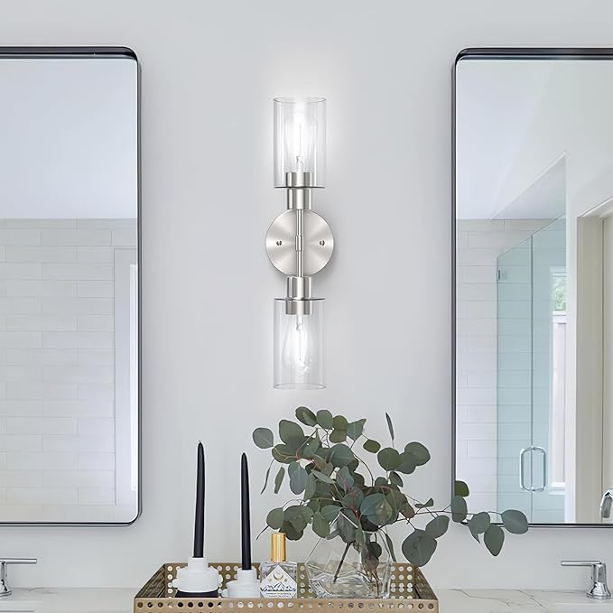 Bathroom Light Fixtures 2 Light Brushed Nickle, Bathroom Vanity Lights Over Mirror, Bathroom Sconces Wall Lighting，Farmhouse Vanity Light, Modern Vanity Lights with Clear Shades