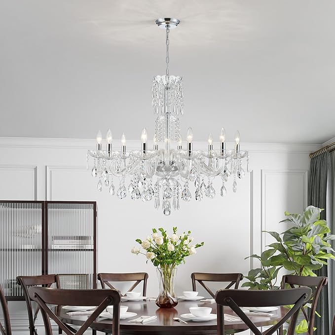 WUZUPS 10-Light Crystal Candle Chandelier Pendant Ceiling Light Modern Lighting Fixture for Bedroom Hallway Bar Kitchen Bathroom, H 26.7" W 33.9", E12 Base, Chrome