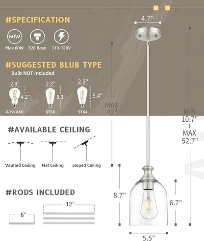AUTELO 2 Pack Brushed Nickel Pendant Lights, Glass Pendant Lights Kitchen Island with Clear Cylinder Glass, Industrial Pendant Lighting with Adjustable Rods, H2511 CLST 2PK