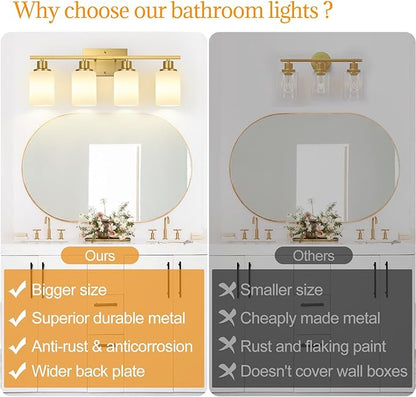 Indoi 4-Light Bathroom Light Fixtures, Brushed Gold Vanity Lights with Milk Glass Shades, Modern Bathroom Wall Lamp for Mirror Living Room Bedroom Porch