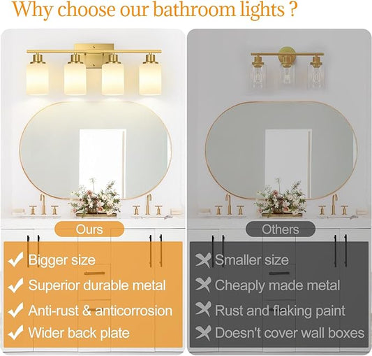 Indoi 4-Light Bathroom Light Fixtures, Brushed Gold Vanity Lights with Milk Glass Shades, Modern Bathroom Wall Lamp for Mirror Living Room Bedroom Porch