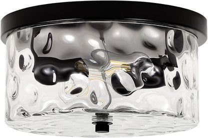 LamQee 9.8" Small Flush Mount Ceiling Light With Clear Hammered Glass, Black Hallway Light Fixtures Ceiling Mount for Bathroom, 2-Lights Farmhouse Close To Ceiling Light Kitchen Foyer Entryway Bedroom