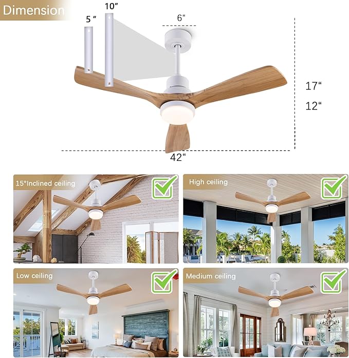 42" Ceiling Fans [with Lighting Remote Control], Indoor Outdoor Modern Wooden Ceiling Fan [with 3 Solid Wood Blades] for Kids' Rooms, bedrooms, Offices and More.…