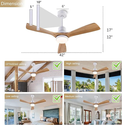 42" Ceiling Fans [with Lighting Remote Control], Indoor Outdoor Modern Wooden Ceiling Fan [with 3 Solid Wood Blades] for Kids' Rooms, bedrooms, Offices and More.…