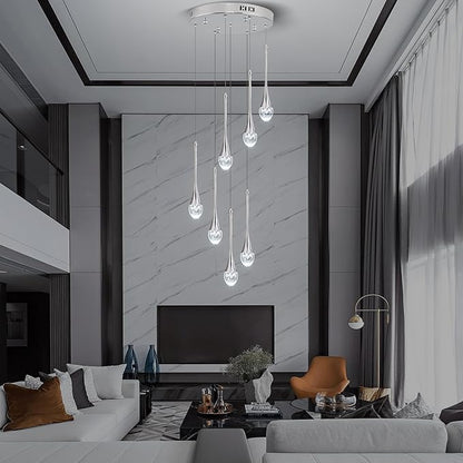 Modern Crystal Chandelier 7-Lights Chrome, H60'' High Ceiling Spiral Dimmable LED Bubble Crystal Raindrop Light Fixture for Foyer Entryway Dining Room Remote Control