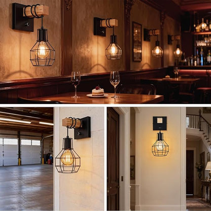 Black Wall Sconces with Dimmer ON/Off Switch, Cage Wall Mount Light Fixture Industrial Farmhouse Lighting for Living Room Kitchen, C71Y215