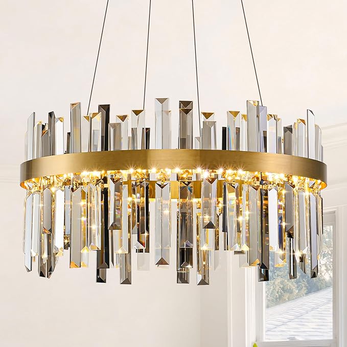 Gold Led Modern Crystal Chandelier: 19.7" Round Contemporary 3 Color Dimmable Dining Room Light Fixture over Table - Smoke Grey & Clear Crystals Chandeliers for Bedroom Living Kitchen Entryway Foyer