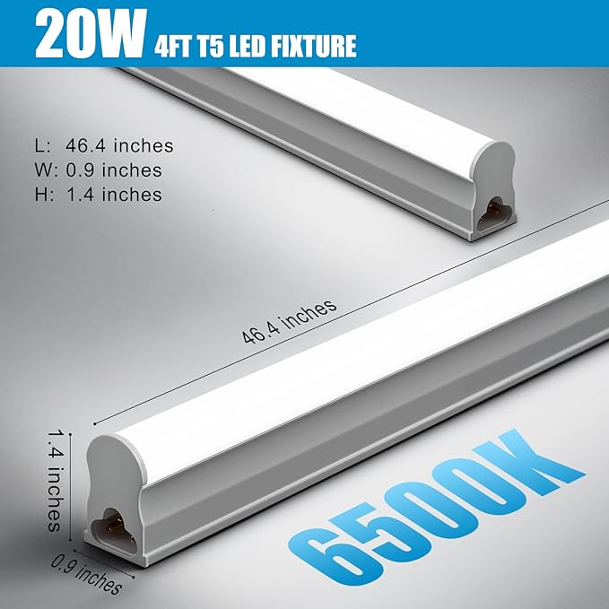6 Pack T5 LED Shop Light, 4FT, 2200lm, 6500K Led Tube Lights Indoor, Ceiling and Under Cabinet Lighting, Plug in Bar Light for Room Garage Workshop, Corded Electric with ON/Off Switch