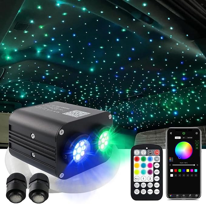 AMKI Dual Color 20W Twinkle Mixed 670pcs 9.8ft Starlight Headliner Kit Fiber Optic Star Ceiling Light Sound Activated Mode APP/Remote Control Dual Port Light Box for Car Home Roof Decor