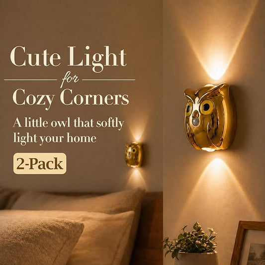 2-Pack Golden Owl Wall Lamp, Cute LED Night Light for Bedroom Decor, Warm Ambient Lighting for Kids Room, Nursery & Hallway, Creative Animal Wall Light, Gift for Home Decoration