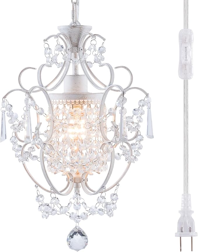 Plug in Chandelier Mini Crystal Chandelier White Retro Small Chandeliers Ceiling Light for Girls Bedroom,Farmhouse Plug in Pendant Light for Kitchen Island Bathroom Dining Room Closet